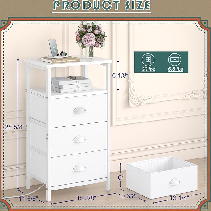 Nightstand with Charging Station,LED White Nightstand with 3 Fabric Drawers PU Finish, Bedside End Tables, 2-Tier Open Storage Shelf Side Table Nightstand with Drawers for Bedroom,White