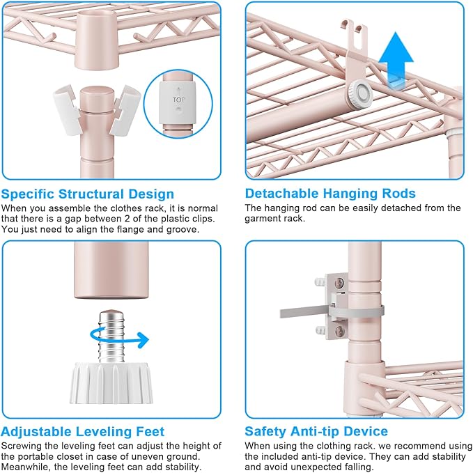 Ulif E13 Heavy Duty Clothes Rack（With 4 Hanger Rods & 8 Shelves） Freestanding Clothing Racks for Hanging Clothes，Adjustable Closet Organizer，Metal Garment Rack 63" W x16 D x77 H，Max Load 900LBS，Pink