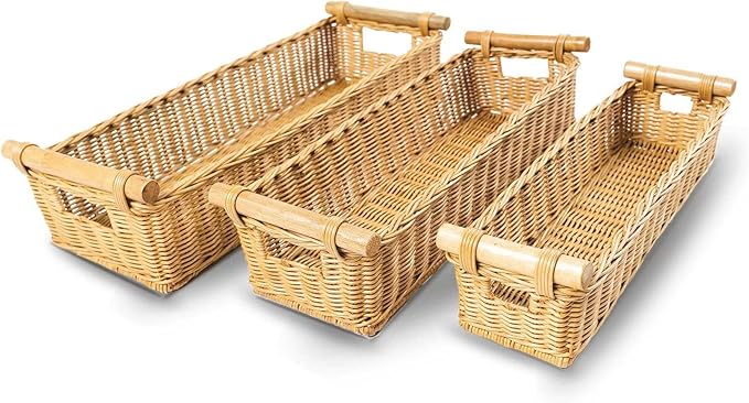 The Basket Lady Long Narrow Pole Handle Wicker Basket, Small, 17 in L x 5 in W x 5.25 in H, Sandstone