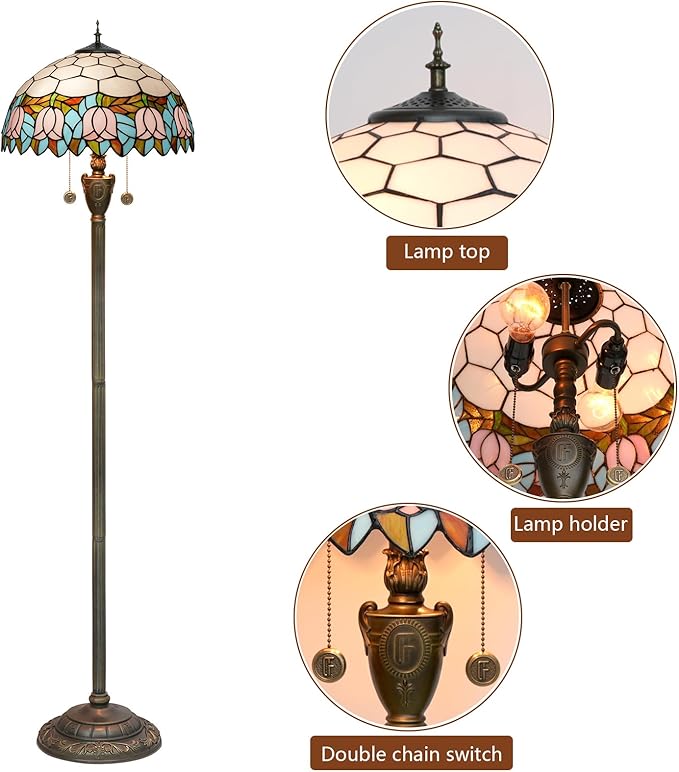 Tiffany Floor Lamp Pink Tulip Style Stained Glass Lamp Bright Lighting Rustic Standing Floor Lamp 16X16X64 Inches Vintage Unique Bronze Reading Corner Lamp for Home Decor Living Room Bedroom