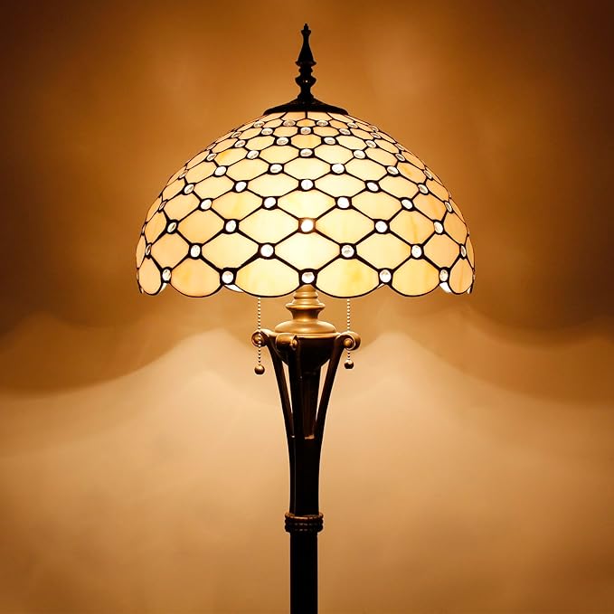 Tiffany Floor Lamp Cream Amber Bead Stained Glass Standing Reading Light 16X16X70 Inches Antique Pole Corner Lamp Decor Bedroom Office Living Room