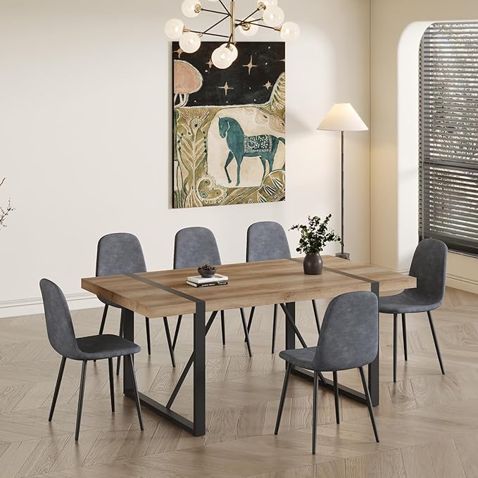 Dining Table Set for 6，Dinner Table Set for 6，71'' Kitchen Table and Suede Nap Fabic Chairs Set of 6，6 Chair Dining Table Set for Kitchen Dining Room