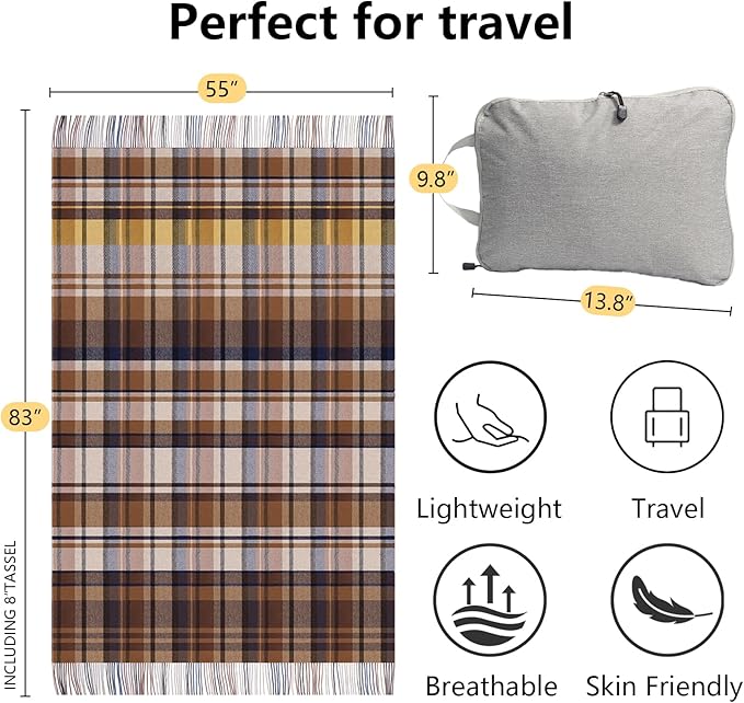 Brown Plaid Throw Blanket for Couch,100% Wool Throw Blanket for Home Decor, Soft Lightweight Cozy All Season Decorative Vintage Blankets for Travel,Bed, Sofa, Chair, Outdoor 55'' x 83''/2LBS