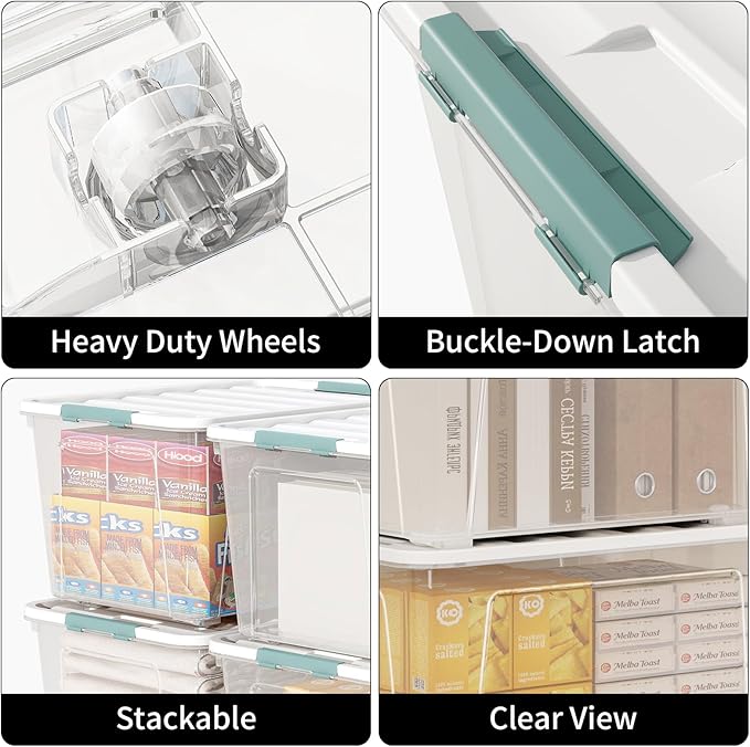 85-Quart Wheeled Latching Storage Box, Clear Stackable Organizer Box, Plastic Storage Bin Container with Latching Lids for Home Garage Organization (4 Pack)
