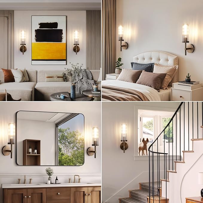 15" Knurled Brass Wall Sconces Set of 2, Bronze Bathroom Vanity Light Fixtures with Vertical Striped Glass Tube, Modern Lamp Lighting for Bedroom, Living Room, Hallway, Staircase, Mirror, Kitchen