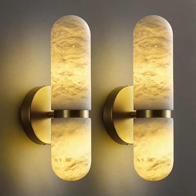 Alabaster Wall Sconces, 13" Glod Wall Sconce, Modern Bathroom Sconces Lighting, Black Spanish Natural Marble Sconce for Living Room, Bedroom, Stairs, Hallway