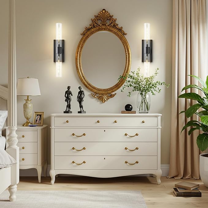 Black Bathroom Wall Sconces, 22.8" Bathroom Vanity Light with Tube Glass, Horizontal or Vertical Linear Wall Sconces,Black Vanity Light, Indoor Wall Sconce for Living Room, Bedroom, Hallway