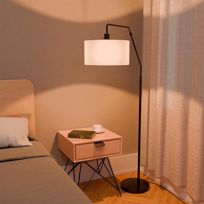 GLOBE Electric 61000172 65" Floor Lamp, Matte Black, White Fabric Shade, On/Off Rotary Switch on Socket, 5-Foot Black Cord, 1-Light, 100W E26/Medium Base Bulb