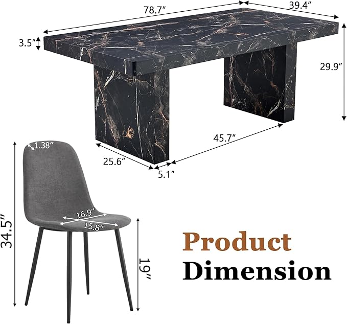Ebullient Marble Dining Table Set for 8, 79'' Black Kitchen Table Set for 8, 3.5'' Thick Wooden Top with Rectangle Heavy Duty Legs, Modern Dining Table and Upholstered Chairs Set of 8, Marble Grain