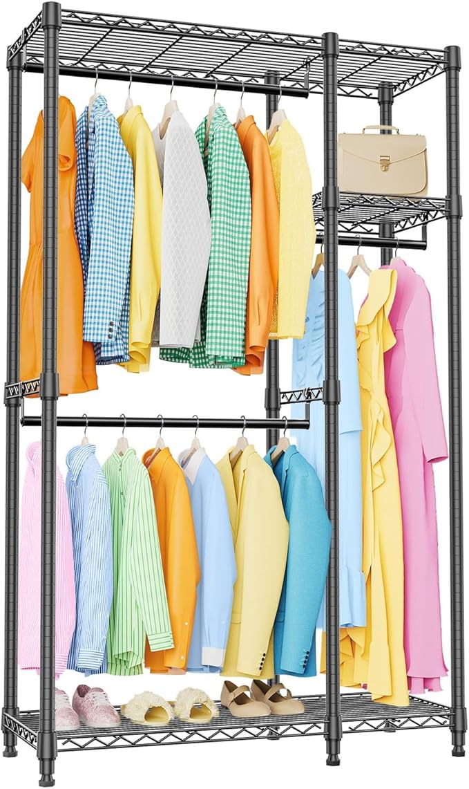 IZEUK 2 Combination Heavy Duty Garment Rack Wire Clothes Rack for Hanging Clothes, Metal Freestanding Closet Wardrobe Rack with 3 Rods Black 15.7" D x 43.3" W x 76.5" H