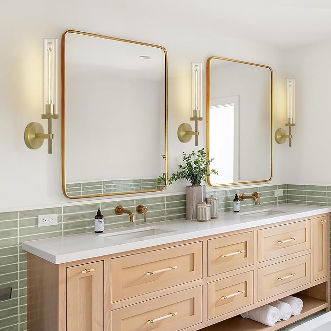 Brass Knurled Wall Sconce 20", Bathroom Wall Sconce Set of Two,Glass Tube Brass Sconces Wall Lighting,Bathroom Sconces Side of Mirror,Vanity Sconce Lights for Bath,Including E26 Light Bulbs