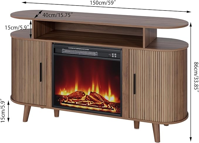 Fireplace TV Stand for TVs Up to 65 Inch, Modern Fireplace Entertainment Center with Sliding Doors and Adjustable Shelves, Media Console Table for Living Room Bedroom, Walnut (Fireplace tv Stand)