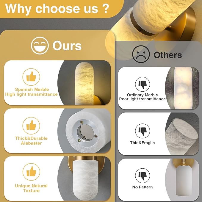 Alabaster Wall Sconces, 13" Glod Wall Sconce, Modern Bathroom Sconces Lighting, Black Spanish Natural Marble Sconce for Living Room, Bedroom, Stairs, Hallway