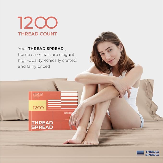 THREAD SPREAD 100% Egyptian Cotton Sheets Queen Size - 1200 Thread Count 4 PC Sheet Set Egyptian Cotton, Sateen Luxury Sheet Queen Size, Silky Soft Sateen Sheets, 17" Deep Pocket - Taupe