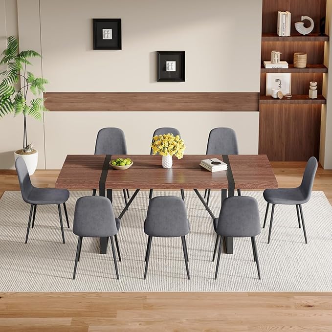 86.6" Dining Table Set for 8, Modern 9 Piece Wood Kitchen Table and Chairs Set, Rectangle Dining Room Table with 8 Linen Fabric Upholstered Chairs, Ideal for Home, Kitchen, or Apartment Dining