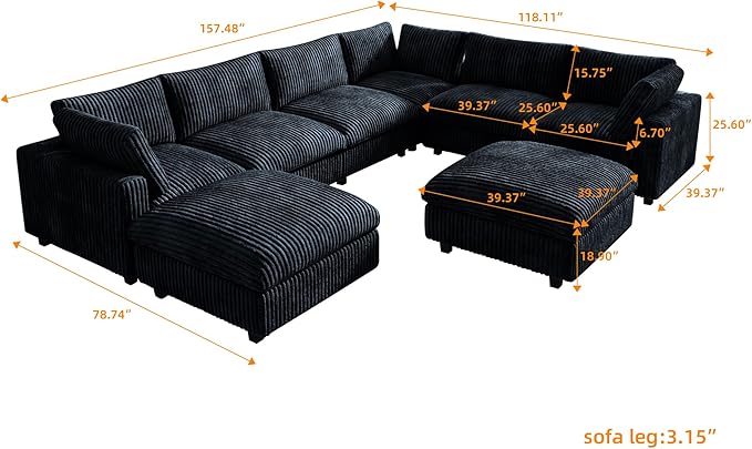JACH 157" Modern Sectional Couch, Overzised Down Filled Soft Sofa, Deep Seat 8 Seater Convertible Modular Cloud Sofas for Living Room, Minimalist Couches,Sofa Cover Removable, Black