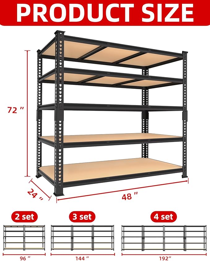 PrimeZone Heavy Duty Garage Storage Shelves - 48" W X 24" D X 72" H Adjustable Metal Shelving Unit, 5 Tier Industrial Shelves for Storage Standing Utility Rack for Warehouse, Basement, Black, 5 Pack