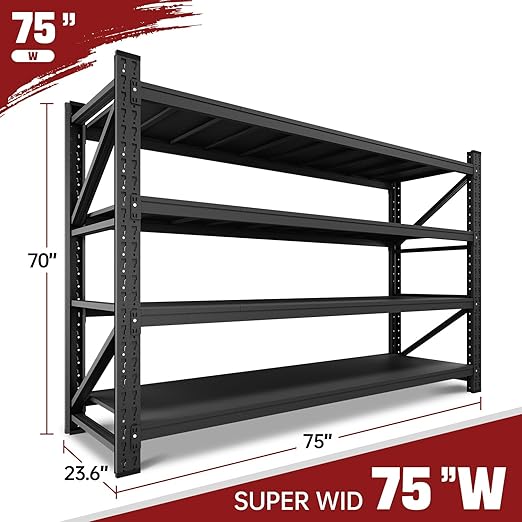9000LBS Storage Shelves, 75" W Garage Shelving Heavy Duty Metal Adjustable Garage Shelves, Shelving Units Industrial Shelving for Warehouse, 75" W x 24" D x 70" H, Black