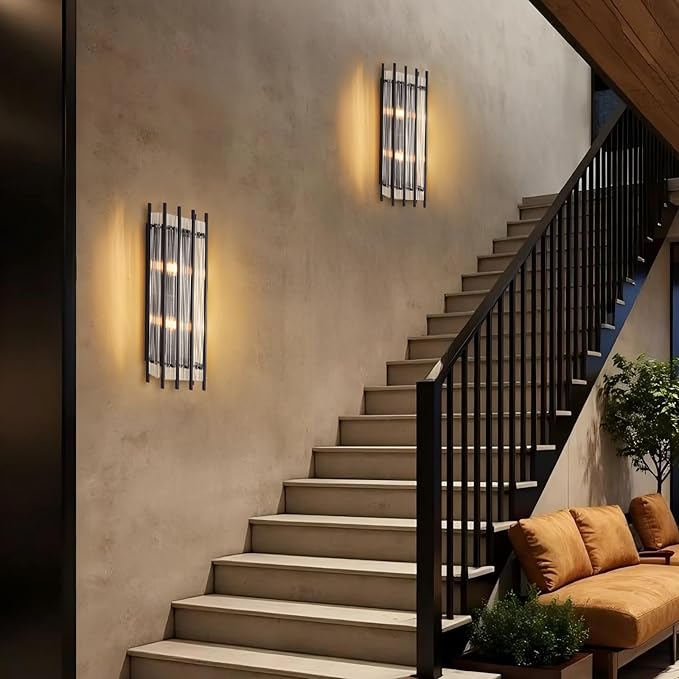 Modern Black Wall Sconce,25in Grand Rectangular Ribbed Glass Wall Sconces,Indoor Hardwired Wall Sconces for Large Spaces,for Living Room,Hallway,Stairway Sconces Wall Lighting,Included E12 Bulbs