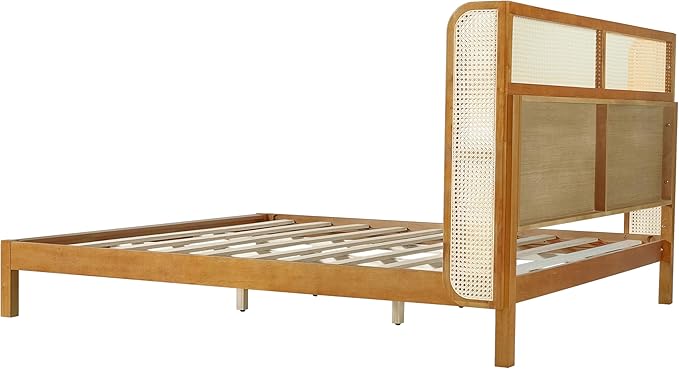 Merax King Size Premium Rubber Wood Platform Bed Frame, with Headboard, Mid Century Modern, Natural