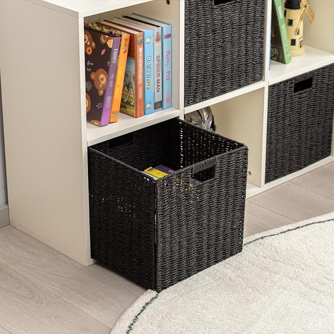Handwoven Paper Woven Cube Basket Organizer with Handles set of 4 Foldable Storage baskets for Bedroom Living Room Cubby Storage Units for Clothes Books Toys (Black, 13" L x 13" W x 13" H)