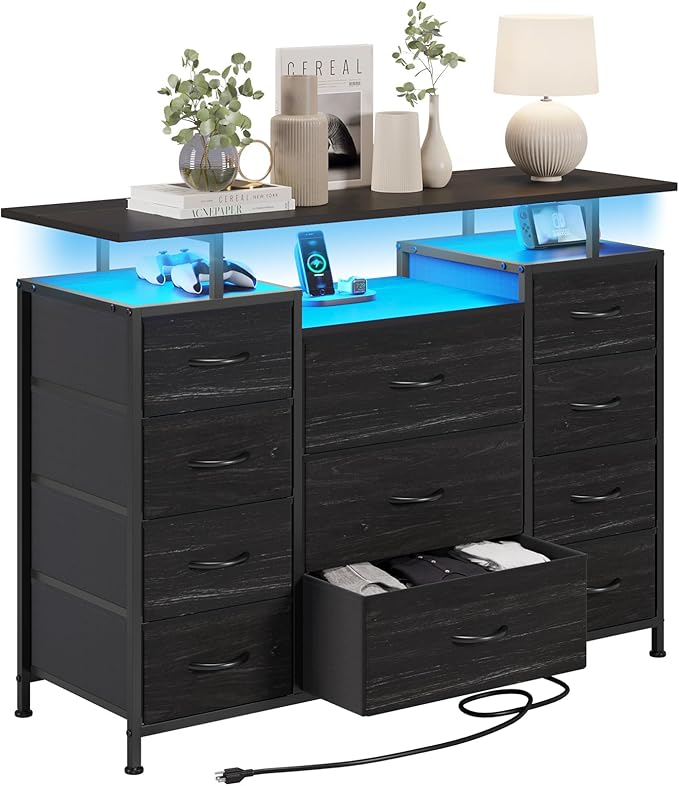 LUMTOK 11 Drawers Dresser with Fabric Drawers,Charging Station, LED Lights and Shelves for Bedroom,Hallway, Storage Organization (Black Wood Veins)