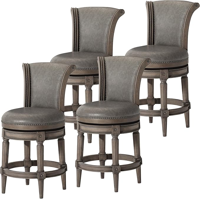 Maven Lane Pullman Counter Stool 26 Inches – Set of 4 – Swivel Stools with Footrest – Grey Solid Wood Frame & Grey Faux Leather Upholstery – Perfect for Kitchen Islands & Counters