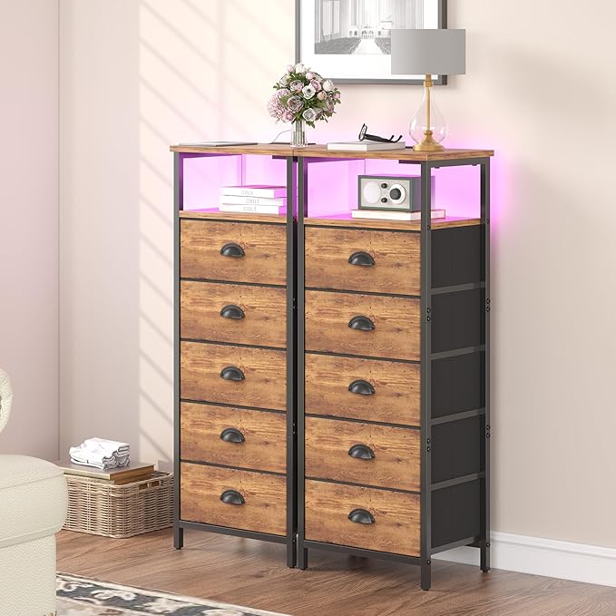 Nightstand with Charging Station,LED Night Stand with 5 Fabric Drawers, Bedside End Tables, 2-Tier Open Storage Shelf Side Table Nightstands with Drawers for Bedroom,Rustic Brown