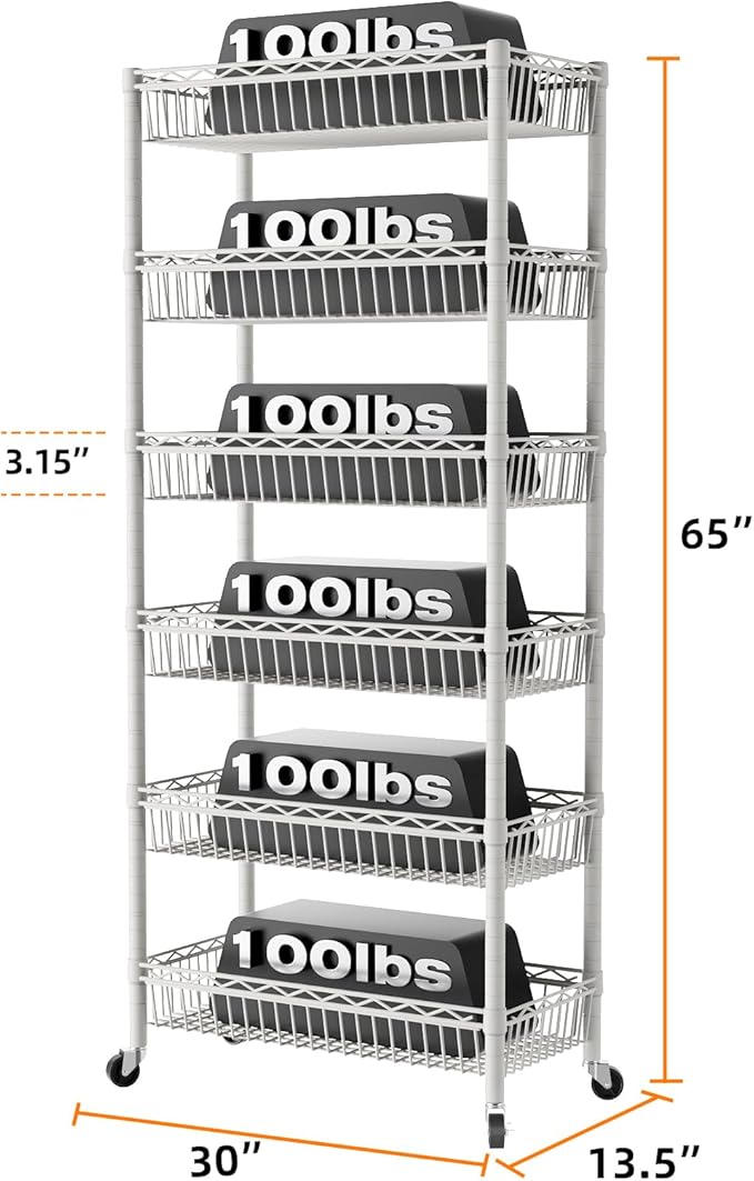 SINGAYE 6 Tier Big Basket Shelf Wire Shelving Unit Adjustable Storage Shelves Rack for Garage Kitchen Office Pantry Corner Metal with Wheels White