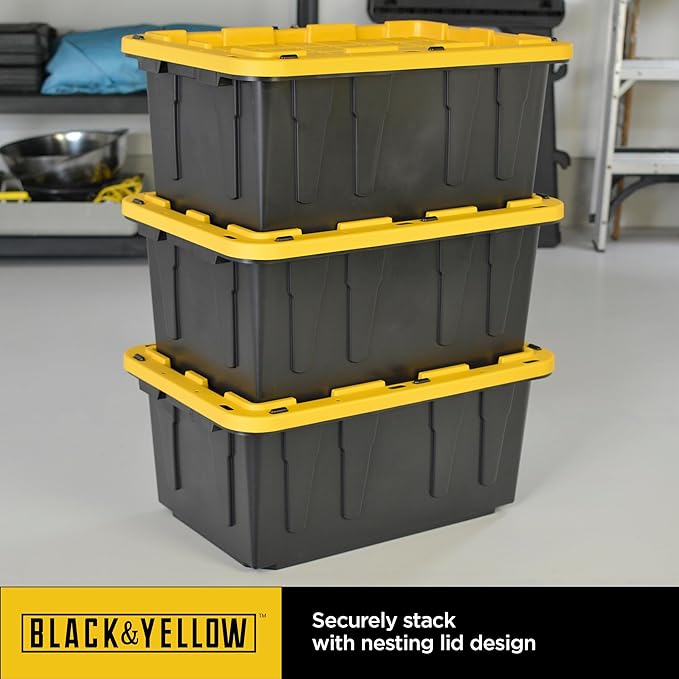 CX BLACK & YELLOW, 27-Gallon Heavy Duty Tough Storage Container & Snap-Tight Lid, (14.3"H x 20.6"W x 30.6"D), Weather-Resistant Design and Stackable Organization Tote [4 Pack]