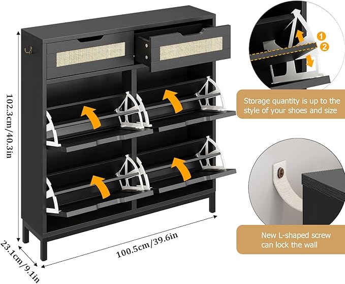 Rattan Shoe Cabinet for Entryway with 4 Flip Drawers & 2 Top Drawers, Freestanding Narrow Shoe Storage Cabinet with Metal Legs for Foyer, Hallway (Black)