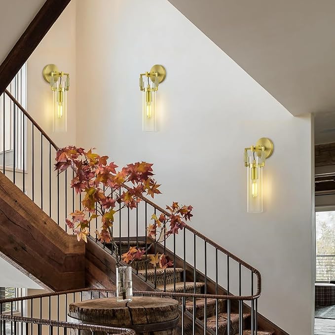 Modern Brass Wall Sconces,15.3'' Hardwired Wall Sconce with Knurled,Farmhouse Indoor Bathroom Sconce,Gold Vanity Lights for Bathroom,Glass Wall Sconce for Living Room,Bedroom,Hallway,Staircases