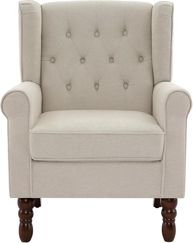 UIXE High Back Accent Chair, Upholstered Armchair in Fabric for Living Room, Retro Wingback Arm Chair Comfy Single Sofa Bedroom Reading Seat with Solid Wood Legs - Beige