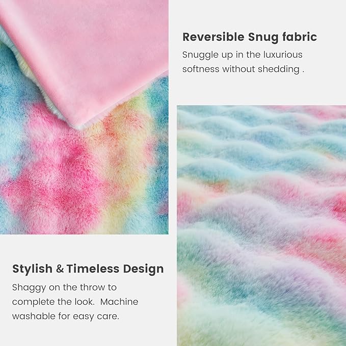 Cozy Bliss Faux Fur Throw Blanket for Couch, Bubble Plush Blanket Queen Size, Fuzzy Soft & Thick Blanket for Bed Sofa Living Room, 90x90 Inches Tie-dye Rainbow