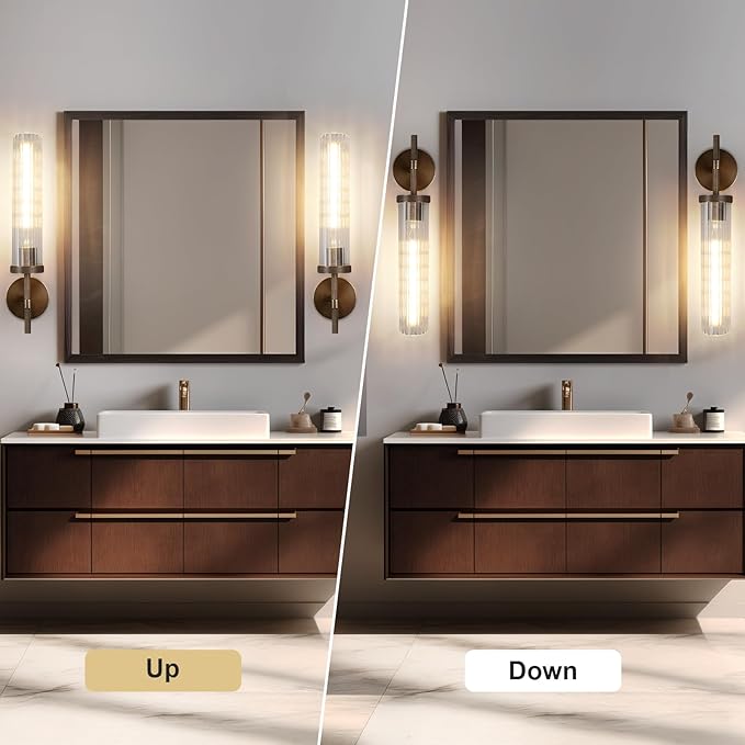 19.5" Knurled Brass Wall Sconces Set of 2, Bronze Bathroom Vanity Light Fixtures with Vertical Striped Glass Tube, Modern Lamp Lighting for Bedroom, Living Room, Hallway, Staircase, Mirror, Kitchen