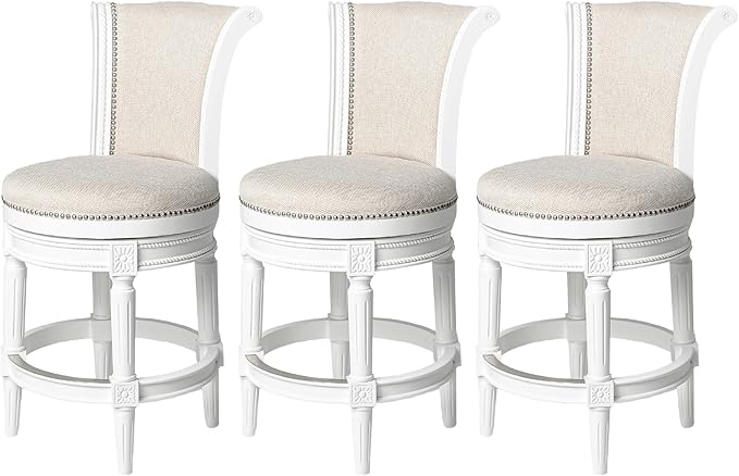Maven Lane Pullman Counter Stool 26 Inches – Set of 3 – Swivel Stools with Footrest – Cream Solid Wood Frame & Natural Fabric Upholstery – Perfect for Kitchen Islands & Counters