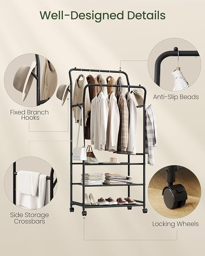 Clothes Rack, 3-Tier Rolling Garment Rack, Dual-Rod Clothing Rack with Hooks and Wheels, Y-Shaped, Freestanding Clothing Hanging Organizer, for Bedroom, Living Room, Laundry Room Black TYM07BB