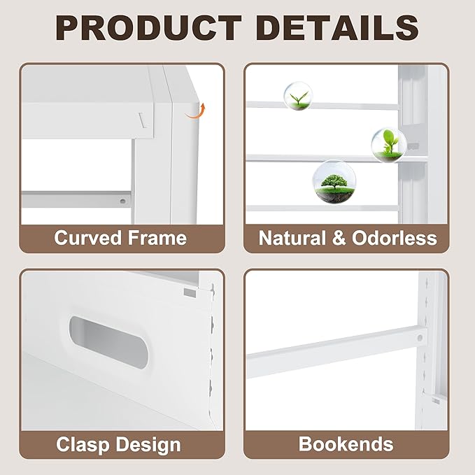 5 Tier White Bookshelf, 68.9" Tall Bookcase with Adjustable Storage Shelves, Heavy Duty Metal Book Shelf Organizer for Living Room, Office, Library, Including Book Stoppers