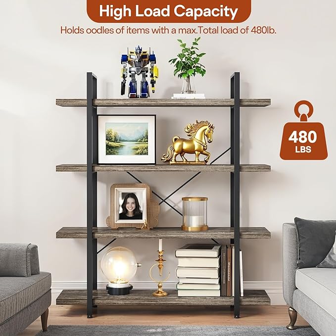 4-Tier Industrial Bookcase, 47 Inch Wide Wood Bookshelf, 120lbs Shelf Capacity, Rustic Open Shelving Heavy Duty Display with Reinforced Horizontal Grey Shelves for Living Room Bedroom Office