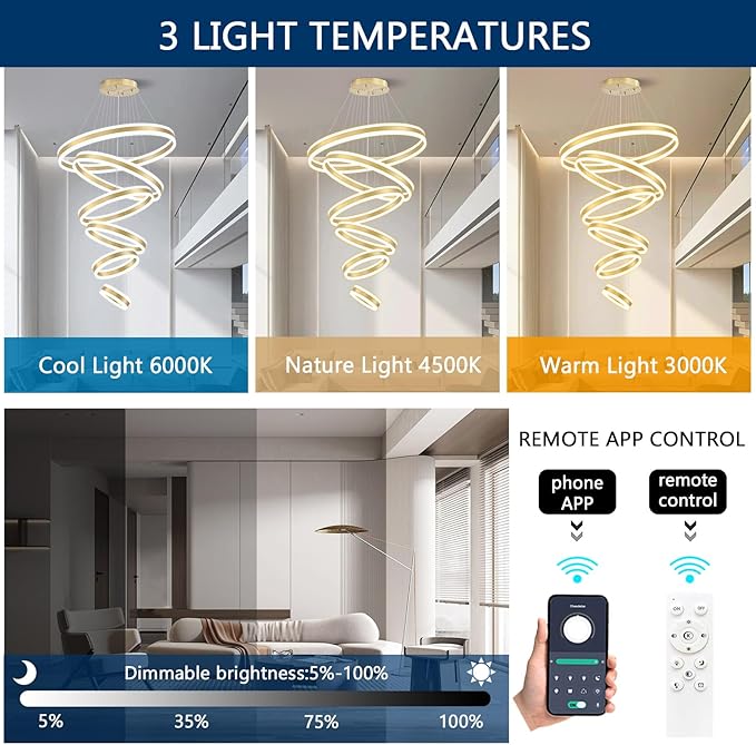 31.4'' Modern LED Chandelier Large Contemporary Chandeliers for Foyer 6-Rings Dimmable High Ceiling Chandeliers for Living Room Entrance Staircase 3000K-6000K