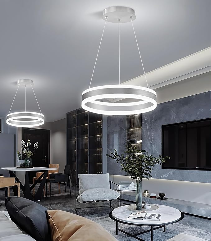 D15.7'' Modern Ring Chandelier for Dining Room LED Dimmable Pendant Lighting High Ceiling Chandelier for Living Room Foyer Bedroom Entryway 3000K-6000K Silver