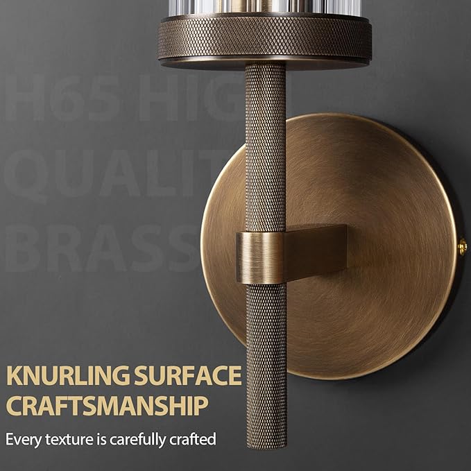 15" Knurled Brass Wall Sconce with Vertical Striped Glass Tube, Bronze Bathroom Vanity Light Fixtures, Modern Lamp Lighting for Bedroom, Living Room, Hallway, Staircase, Mirror, Kitchen