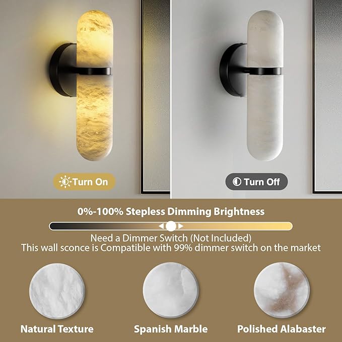 Alabaster Wall Sconces, 13" Black Wall Sconce, Modern Bathroom Sconces Lighting, Black Spanish Natural Marble Sconce for Living Room, Bedroom, Stairs, Hallway