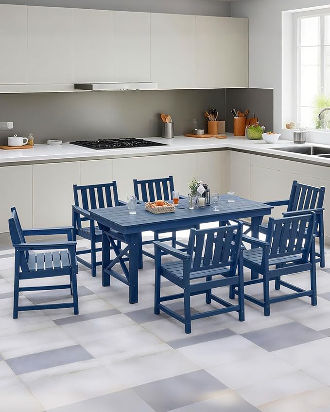 QUASCO Outdoor Patio Dining Table Set, 7-Piece Outdoor HDPE Dining Furniture Sets with Umbrella Hole Cut-Out Table and 6 Chairs for Patio, Garden, Backyard, Lawn and Poolside, Navy