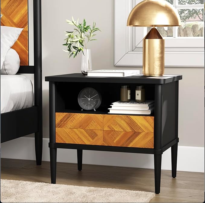 Lenia King Bed Frame with 2 Matching Nightstands – Modern Wood Platform Bed Set, Chevron Diamond Design, No Box Spring Needed, Slatted Support (Teak Brown, King)