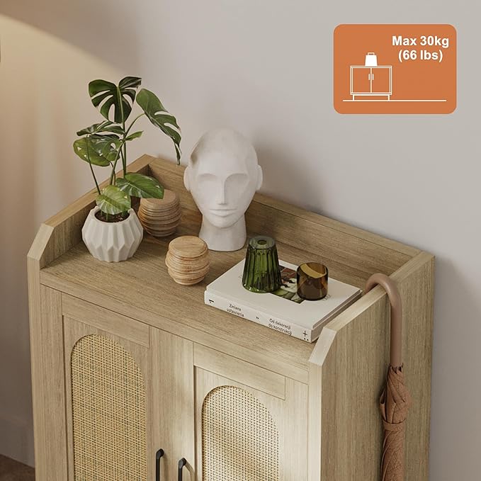 Shoe Cabinet Storage for Entryway, Rattan Storage Cabinet, Wooden Shoe Rack with Doors, Farmhouse Boho Wood Shoe Organizer Cabinet for Hallway (Oak)