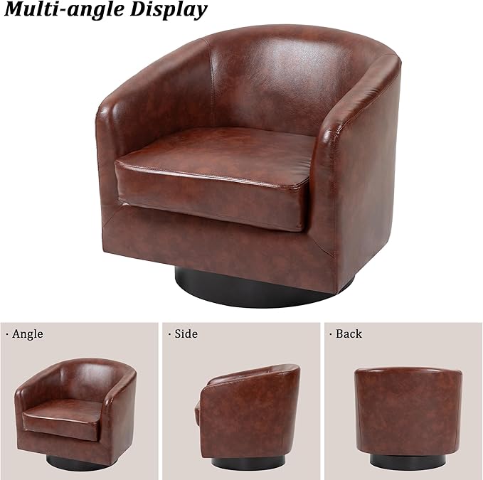 Swivel Barrel Chair, Modern Round PU Leather Accent Armchair for Living Room, Bedroom, Oversized Comfy Club Reading Chairs for Adults (Leather Red Brown, Set of 1)