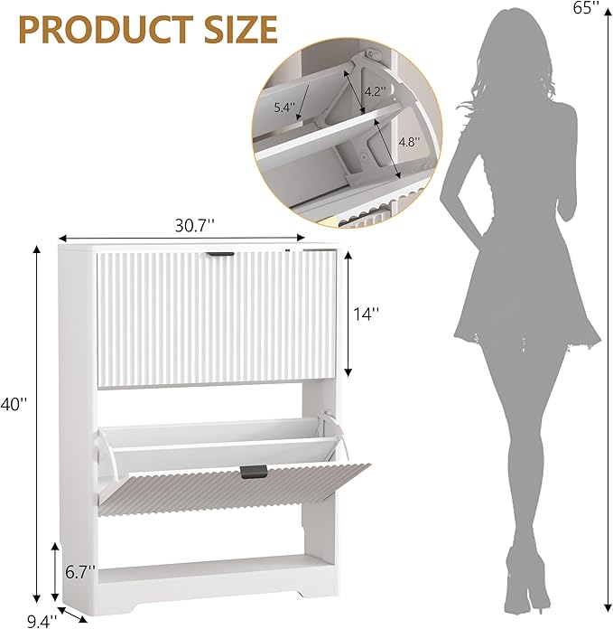 Shoe Cabinet Storage for Entryway with 2 Flip Drawers, White Fluted Shoe Cabinet with Open Storage, Wooden Hidden Shoe Rack Freestanding Narrow Slim Shoes Organizer for Hallway, Entrance