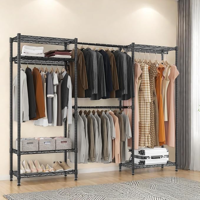 BATHWA Adjustable Heavy Duty Wardrobe Closet Organizer - Expandable Metal Clothing Rack with 4 Hanging Rods, 6 Shelves, and 4 Hangers, Freestanding Closet System 70.9”H x (68.9”-90.2”)L x 14”D, Black