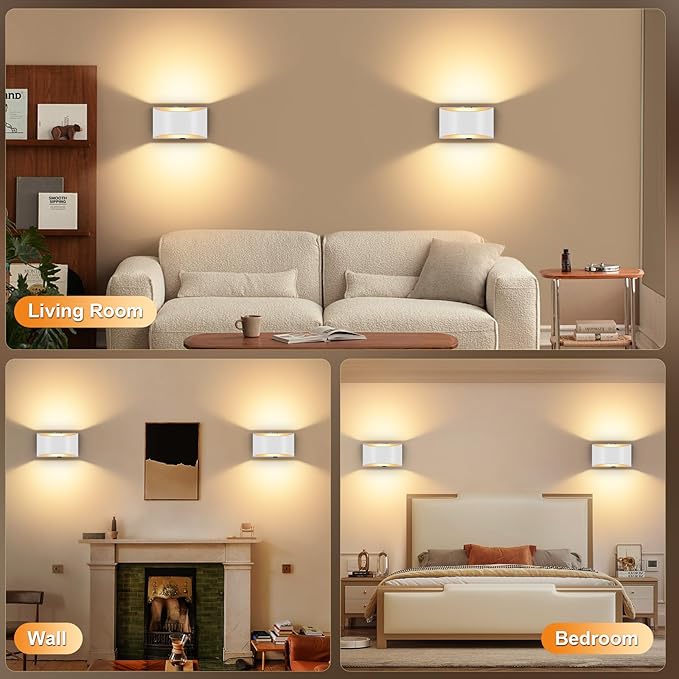Wireless Wall Sconces Set of 2, 8000mAh White Battery Operated Wall Sconces Remote & Touch Control, 3 Color Temperatures, Timer Cordless Dimmable Light for Bedroom, Living Room, Hallway